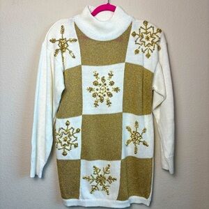 NWT Vintage Hand Beaded Metallic Snowflake Turtleneck Christmas Sweater M